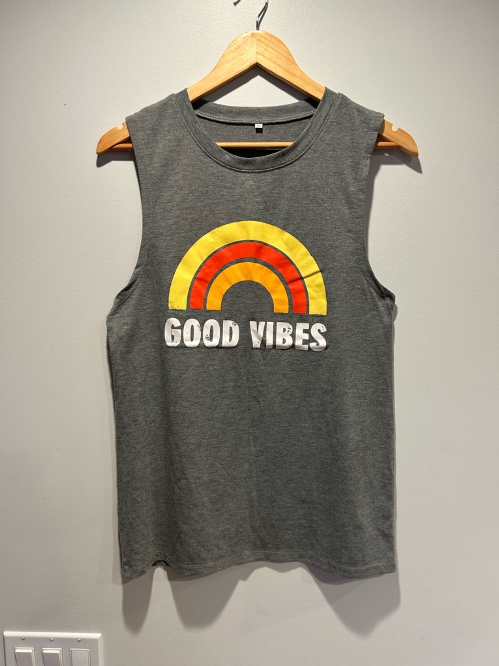 Good Vibes Graphic Muscle Tank - Dark Gray with Yellow & Orange Rainbow